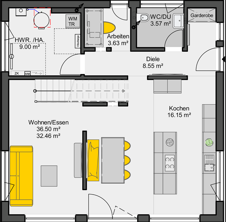 Einfamilienhaus mit Satteldach Grundriss Erdgeschoss offener Wohn-Ess-Küchenbereich mit Arbeitszimmer