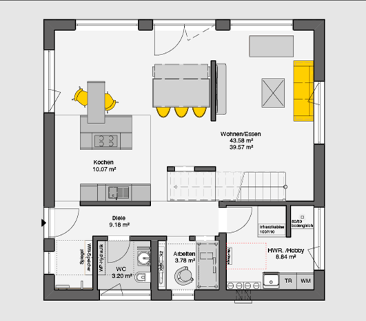 Einfamilienhaus mit Satteldach Grundriss Erdgeschoss - offener Wohn-Ess-Bereich mit Küche und Arbeitszimmer