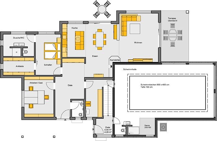 Einfamilienhaus mit Satteldach Grundriss Erdgeschoss mit offener Küche, Garage und überdachter Terrasse