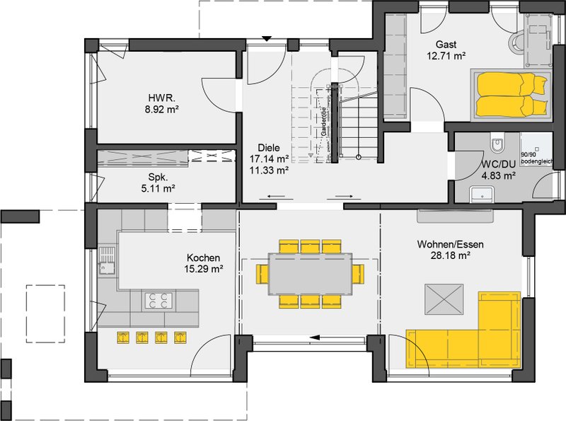 Bungalow Grundriss Erdgeschoss mit offenem Wohn-Essbereich, Küche und separatem Gästezimmer