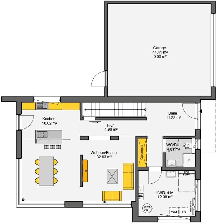 Einfamilienhaus mit Flachdach Grundriss Erdgeschoss mit offener Wohnbereich und angebauter Garage