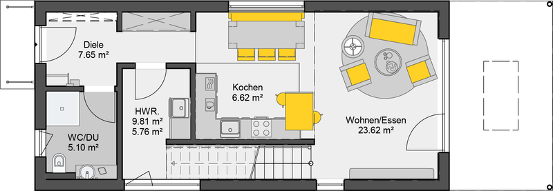 Grundriss Erdgeschoss Einfamilienhaus mit offenem Wohnbereich, separater Küche und Hauswirtschaftsraum