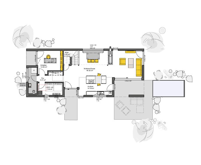 Bungalow-Grundriss Erdgeschoss mit offenem Wohnbereich, Küche, Arbeitszimmer und überdachter Terrasse