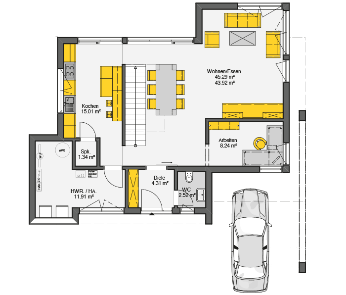 Einfamilienhaus Satteldach Grundriss Erdgeschoss mit offener Küche, Wohn-Essbereich und Carport