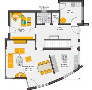 Bungalow mit Flachdach Grundriss Erdgeschoss mit offenem Wohnbereich und Terrasse