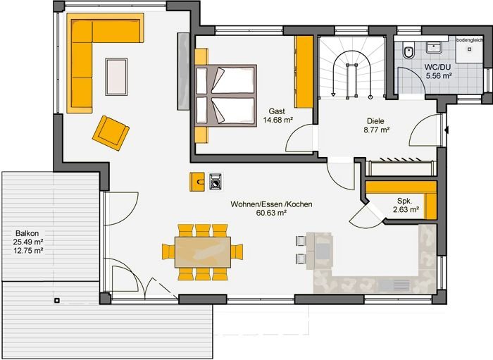 Bungalow mit Flachdach Grundriss Erdgeschoss - offener Wohn-Ess-Kochbereich mit Balkon und Gästezimmer