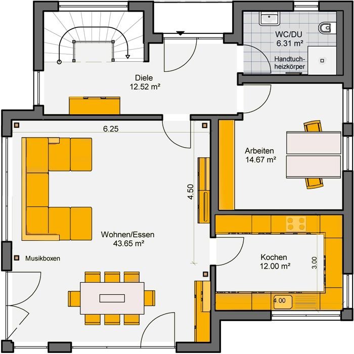 Einfamilienhaus mit Satteldach Grundriss Erdgeschoss offener Wohn-Essbereich 43,65 m² Arbeitszimmer Küche