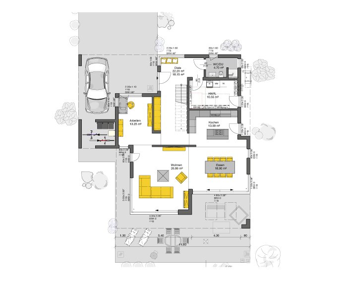 Mehrfamilienhaus Flachdach Grundriss Erdgeschoss mit offener Wohnküche und integrierter Garage