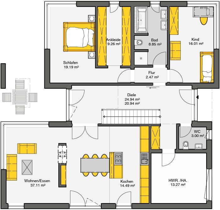 Einfamilienhaus mit Satteldach Grundriss Erdgeschoss mit offener Wohn-Essbereich und separater Küche