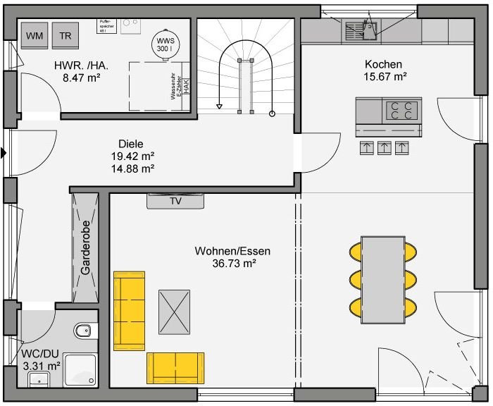 Einfamilienhaus mit Satteldach Grundriss Erdgeschoss mit offener Wohn-Ess-Küche und zentraler Treppe