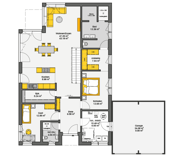 Bungalow mit Flachdach Grundriss – offener Wohnbereich, zwei Schlafzimmer und große Garage