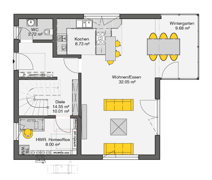 Einfamilienhaus Grundriss Erdgeschoss mit offenem Wohnbereich, Wintergarten und separatem Homeoffice
