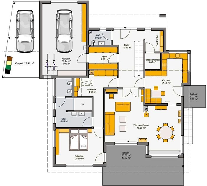 Bungalow Grundriss Erdgeschoss mit Doppelgarage, offenem Wohnbereich und drei Schlafzimmern