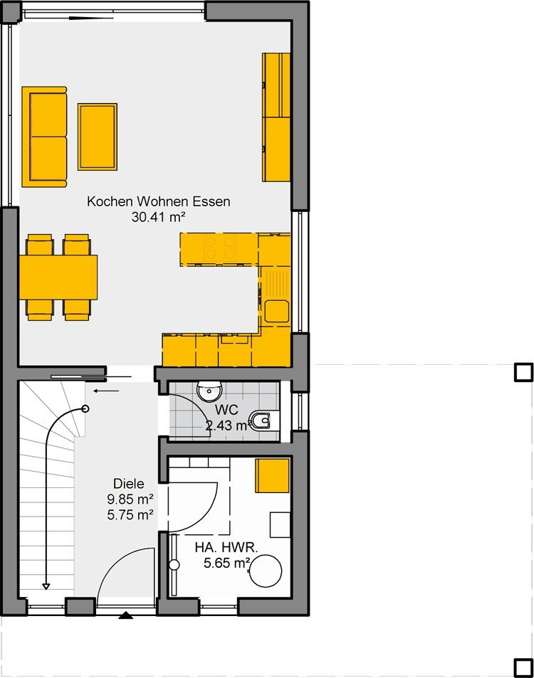 Grundriss Erdgeschoss Einfamilienhaus mit Satteldach - offener Wohn-Ess-Kochbereich und separater Diele