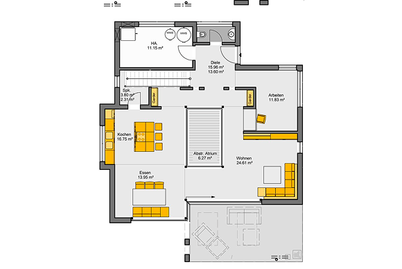 Einfamilienhaus mit Satteldach Grundriss Erdgeschoss offener Wohn-Essbereich Küche Arbeitszimmer zentrale Treppe
