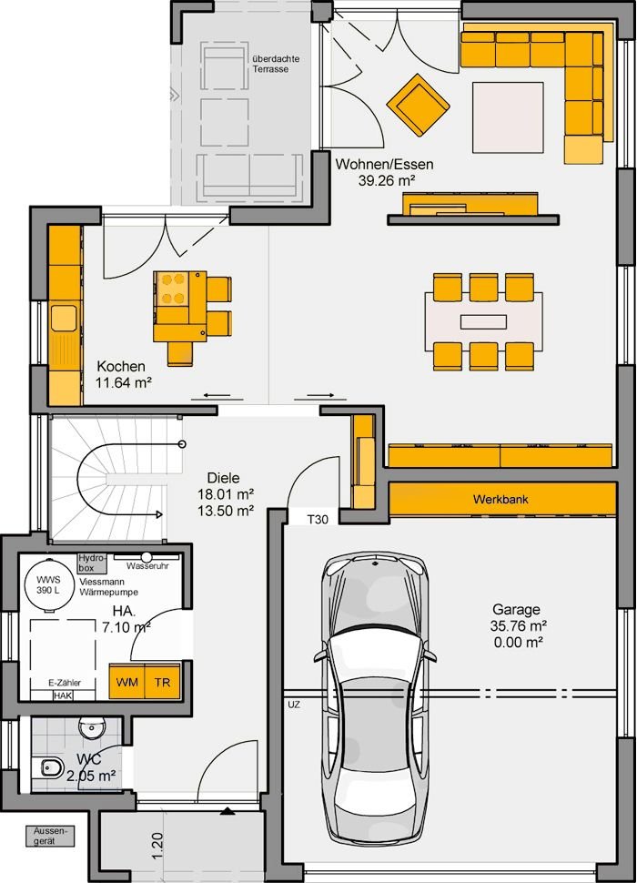 Einfamilienhaus Satteldach Grundriss Erdgeschoss mit Garage, Wohnküche und Hauswirtschaftsraum