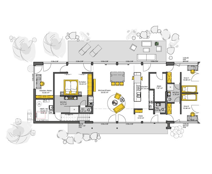 Grundriss Erdgeschoss Bungalow mit offenem Wohn-Essbereich und integrierter Küche