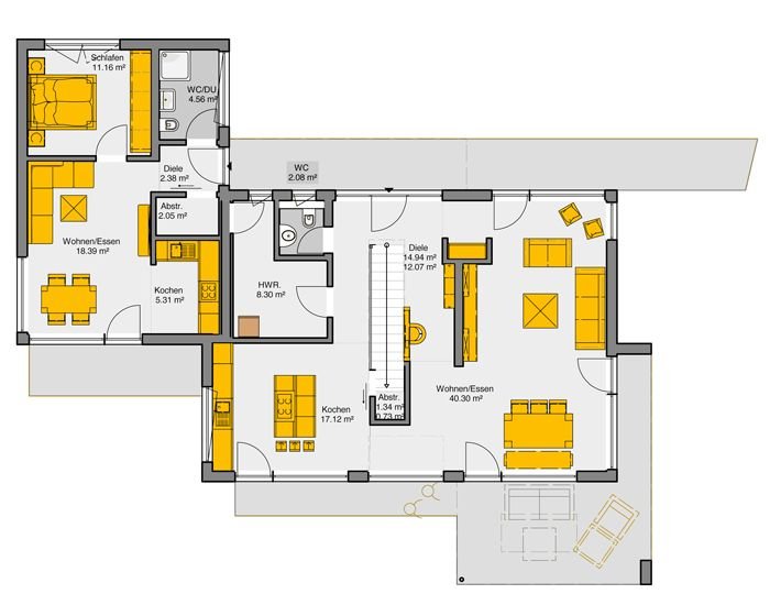 Bungalow mit Flachdach Grundriss Erdgeschoss - zwei separate Wohneinheiten mit jeweils Küche und Bad