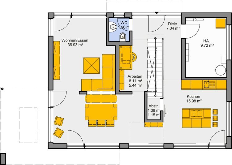 Bungalow Grundriss Erdgeschoss mit offenem Wohn-Essbereich und separatem Arbeitsplatz