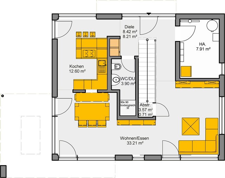 Grundriss Erdgeschoss Einfamilienhaus mit offenem Wohn-Essbereich und separater Küche