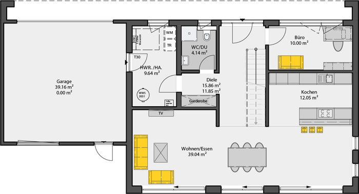 Einfamilienhaus mit Satteldach Grundriss Erdgeschoss - Garage, offener Wohn-Essbereich und Kueche